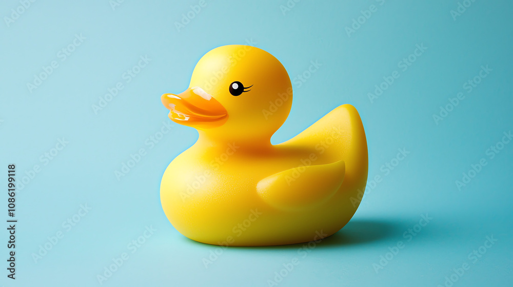 A vibrant yellow rubber duck resting playfully on a soft baby blue background, ideal for whimsical decor and children's collections A vibrant yellow rubber duck resting playfully on a soft baby blue background, ideal for whimsical decor and children's collections
