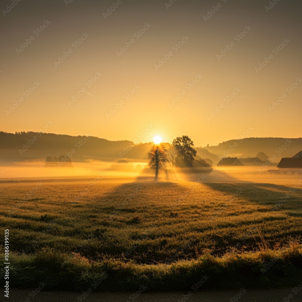 Obraz premium Serene sunrise view over a foggy countryside field