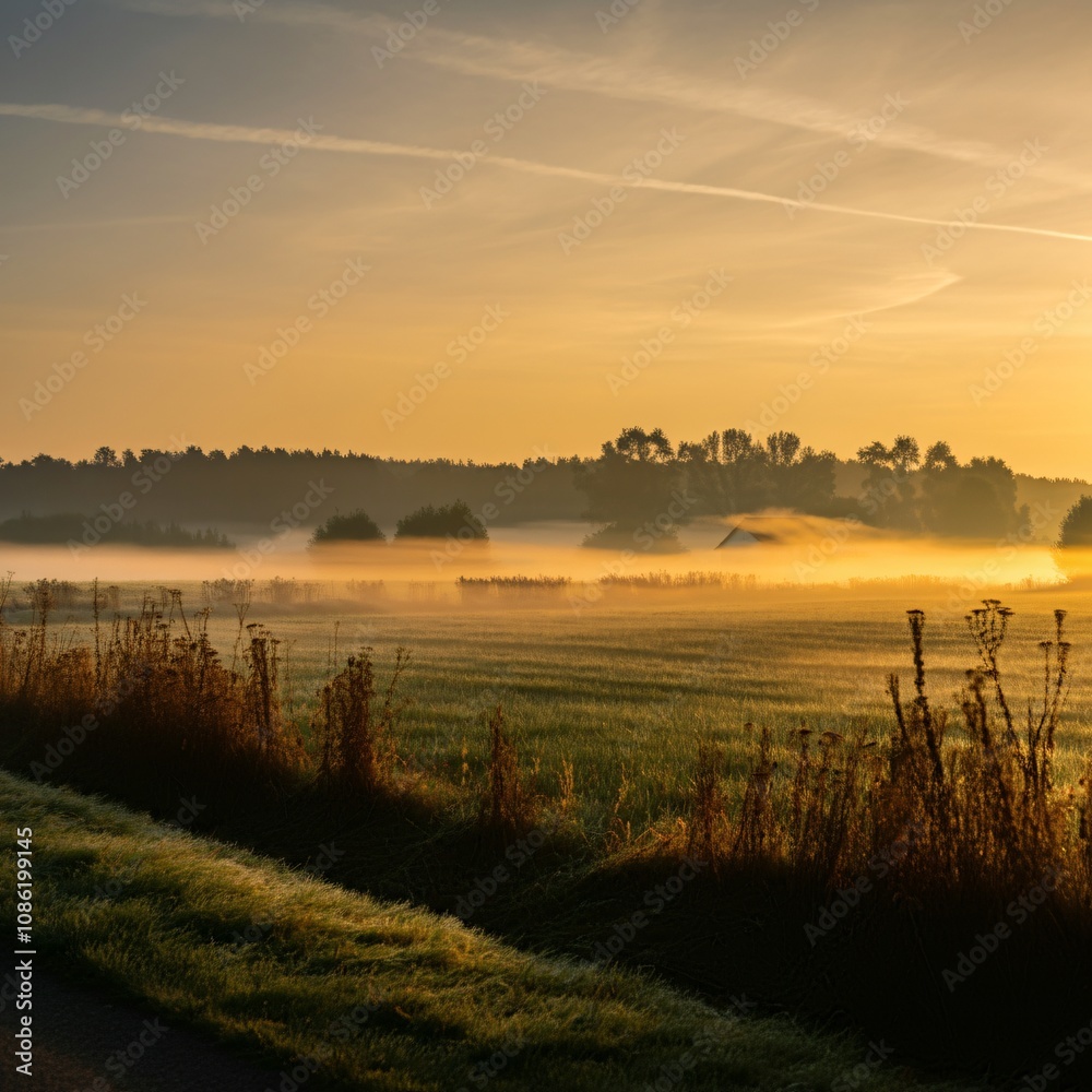 Serene sunrise view over a foggy countryside field Serene sunrise view over a foggy countryside field