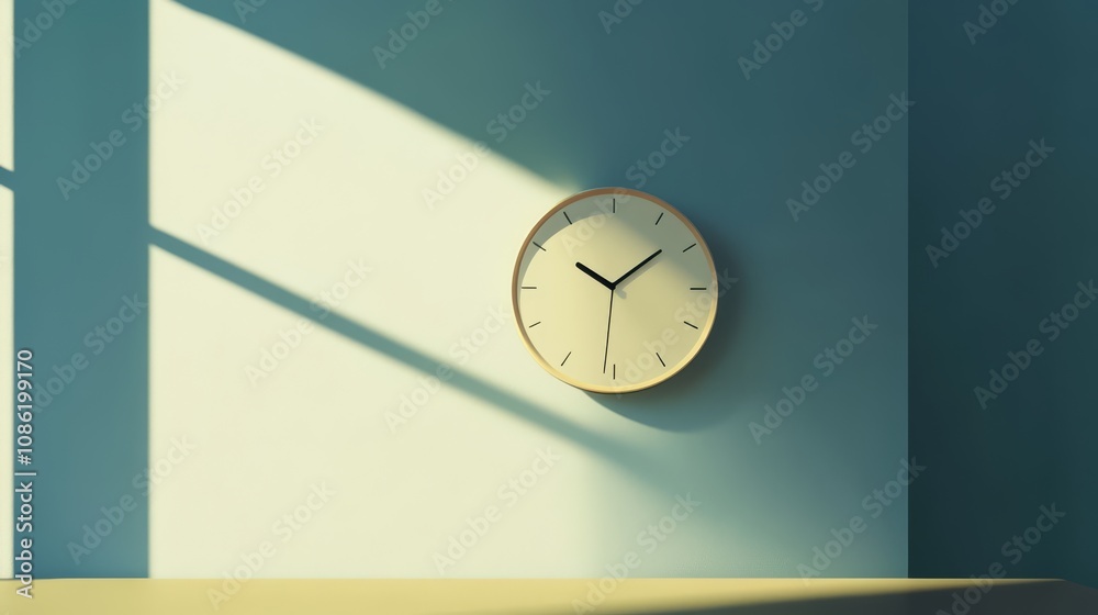 custom made wallpaper toronto digitalA simple round clock hangs on a light blue wall with a beam of sunlight shining through the window.