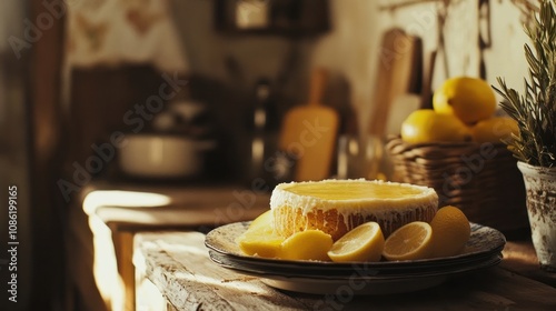 Lemon olive oil cake with lemon glaze, rustic Italian kitchen setting 