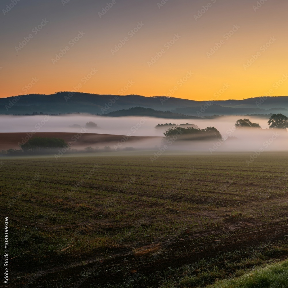 Serene sunrise view over a foggy countryside field Serene sunrise view over a foggy countryside field