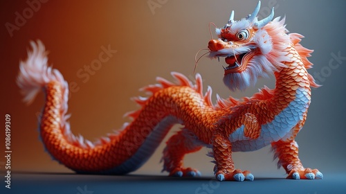 A vibrant, stylized orange dragon with intricate scales and details. photo