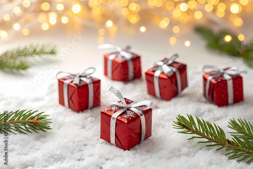 Four Vibrant Red Gift Boxes With Silver Bows Sit On a Snowy Background, Creating a Festive and Cozy Holiday Atmosphere