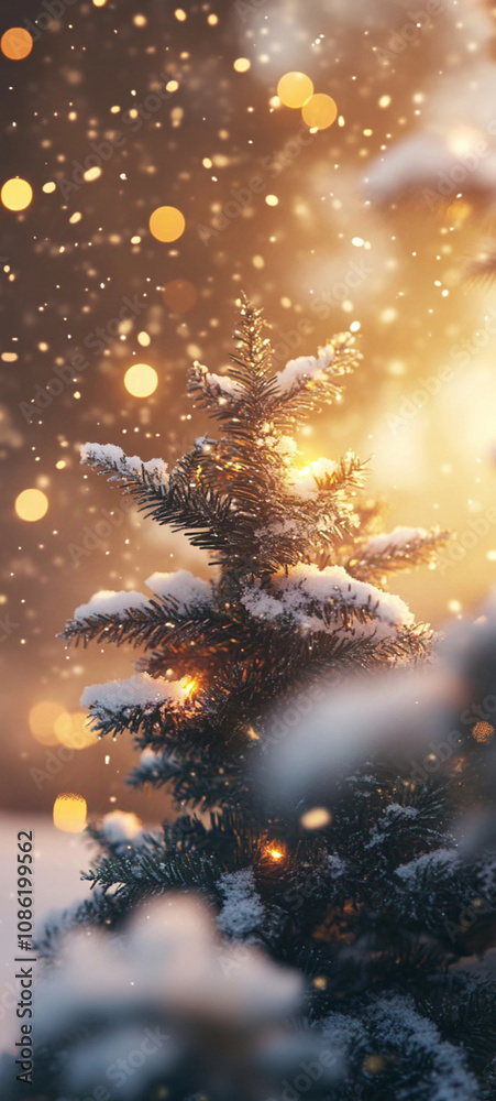 A snowy pine tree branch with snow falling in the warm sunlight A snowy pine tree branch with snow falling in the warm sunlight