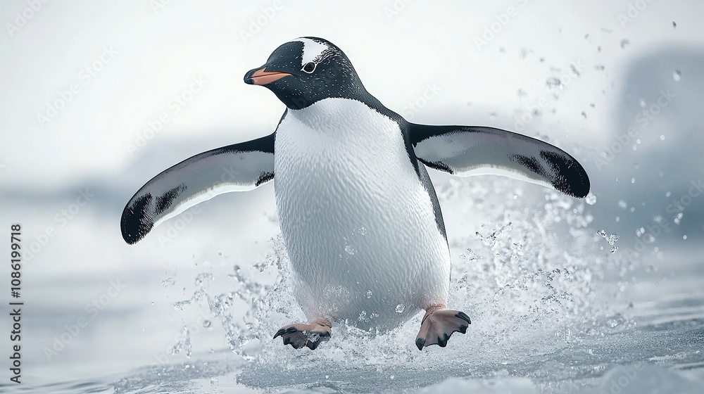 Fototapeta premium A penguin splashes through water, showcasing its playful nature in a cold environment.
