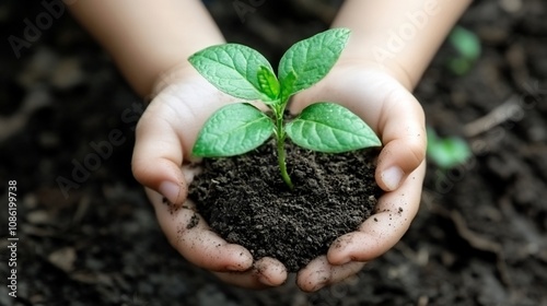 Child's hands gently holding a small plant seedling with soil.