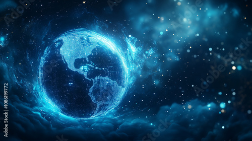 Blue globe representing digital technology on a futuristic background, seamless global connection, innovation in networking