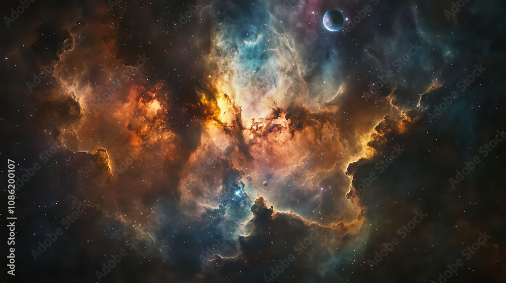 A vibrant nebula in outer space showcasing colorful gas clouds and distant celestial bodies A vibrant nebula in outer space showcasing colorful gas clouds and distant celestial bodies