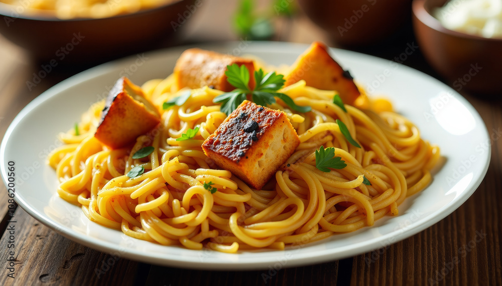 Golden Spaghetti with Crispy Tofu - A Flavorful Culinary Delight Golden Spaghetti with Crispy Tofu - A Flavorful Culinary Delight