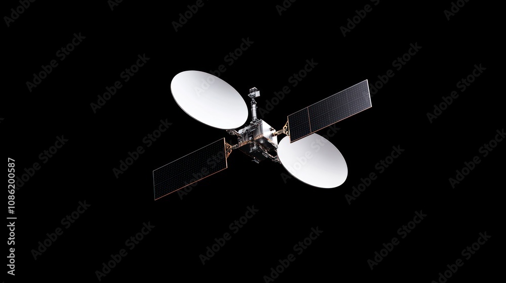 Satellite with solar panels for communication and data transmission.