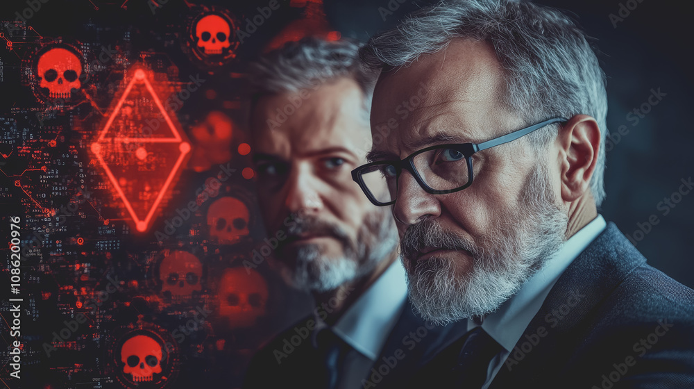 Corporate Businessmen Assessing Digital Threats in a Mysterious Environment with Visual Elements of Danger and Intrigue Corporate Businessmen Assessing Digital Threats in a Mysterious Environment with Visual Elements of Danger and Intrigue