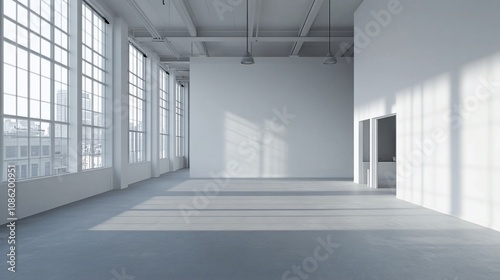 Spacious empty loft with large windows and sunlight.