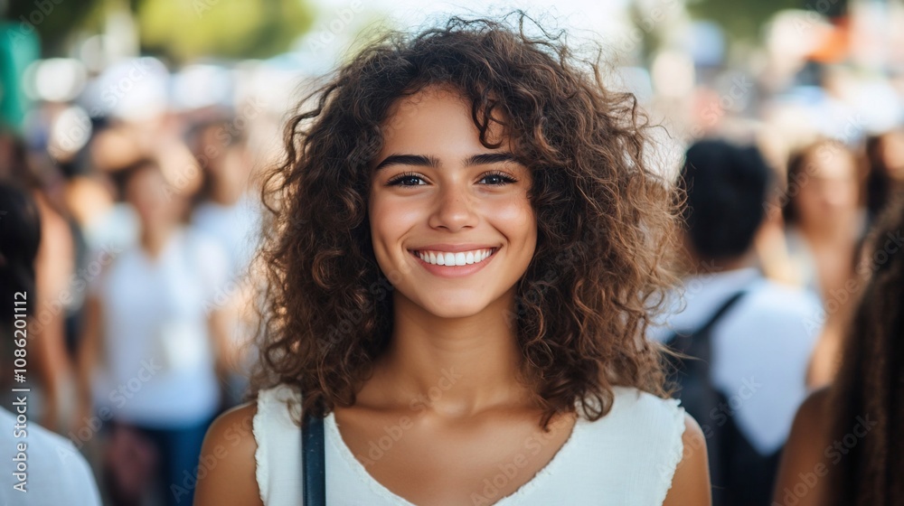 Smiling young woman with curly hair in a crowd. Smiling young woman with curly hair in a crowd.