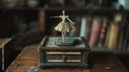 Vintage music box with a dancing ballerina and a haunting melody creating a nostalgic atmosphere in a dimly lit room