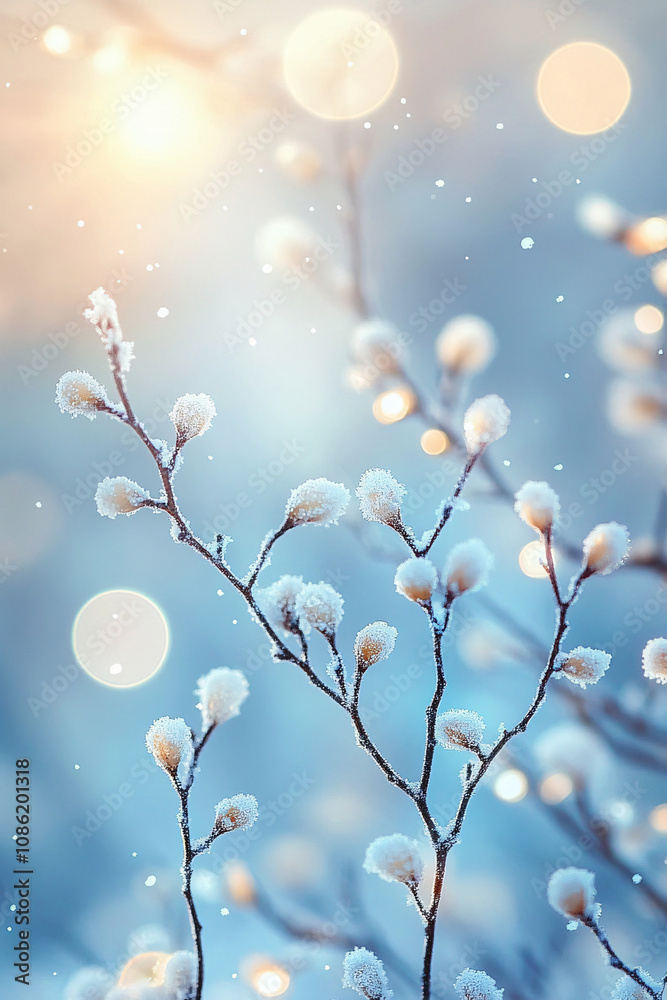 A tranquil winter scene with blurred twigs and dreamy bokeh, perfect for calming designs or seasonal greetings during winter holidays. A tranquil winter scene with blurred twigs and dreamy bokeh, perfect for calming designs or seasonal greetings during winter holidays.