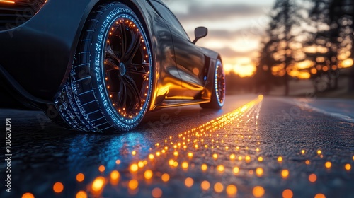 Electric Car Tire with Blue Glowing Lines on Sunlit Road