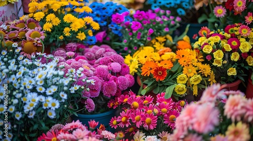 A vibrant display of various colorful flowers in pots, showcasing nature's beauty and diversity.