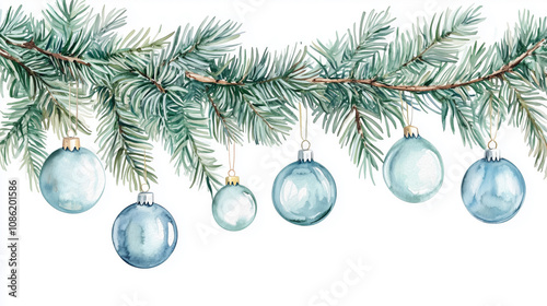 Watercolor Christmas garland with fir branches and Christmas tree ornaments