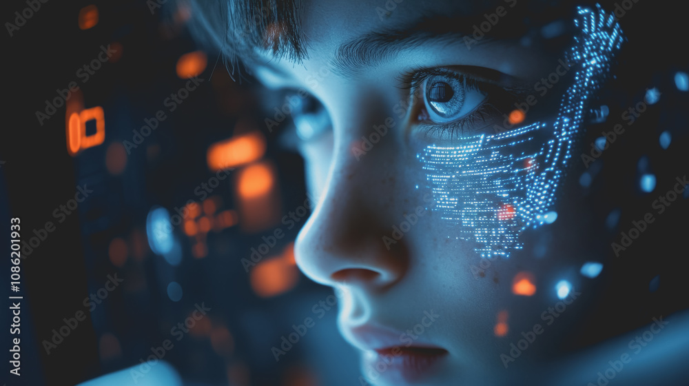 High-tech Biometric Authentication Concept with Close-up of Child's Face Displaying Digital Patterns and Futuristic Visuals in a Technology-driven Environment High-tech Biometric Authentication Concept with Close-up of Child's Face Displaying Digital Patterns and Futuristic Visuals in a Technology-driven Environment
