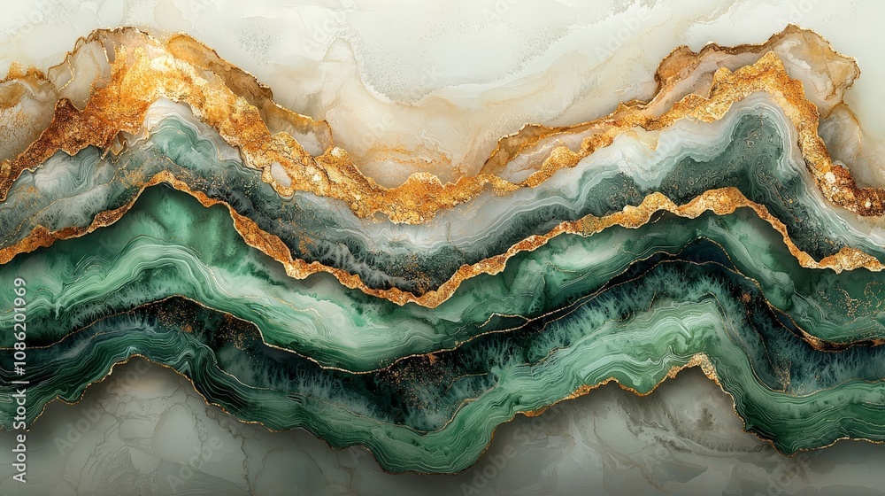 Abstract green and gold agate design with layered textures and flowing patterns. Abstract green and gold agate design with layered textures and flowing patterns.