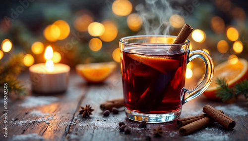 Cozy scene with mulled wine on a rustic table, surrounded by festive lights and candles.