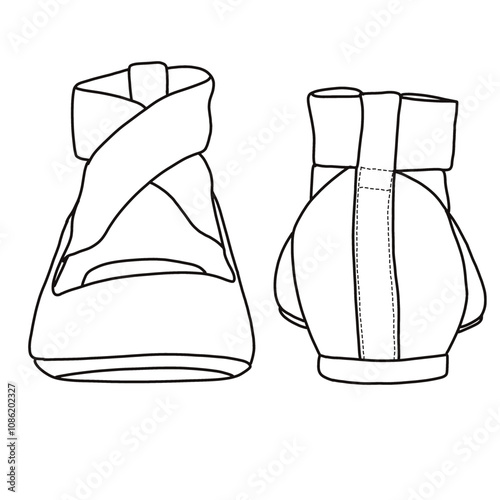 Women's Pull-On Criss-Cross Ankle Ballet Flats Shoes  Line art, Technical sketch hand drawing outline vector doodle front and rear view isolated on white background