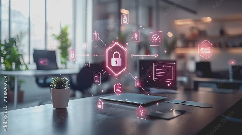 Modern Tech Office Setting with Futuristic Security Features and Digital Interface for Enhanced Workplace Safety and Productivity Modern Tech Office Setting with Futuristic Security Features and Digital Interface for Enhanced Workplace Safety and Productivity