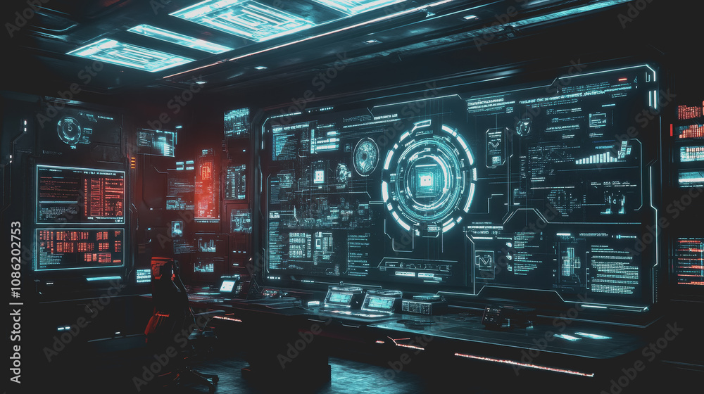 Fototapeta premium Futuristic Tech Office with Advanced Security Features, Sleek Design and High-Tech Displays for Modern Work Environments and Innovative Collaborations