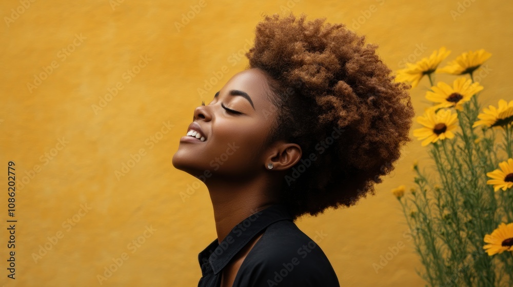 Woman with curly hair smiling beside yellow flowers against a backdrop. Woman with curly hair smiling beside yellow flowers against a backdrop.