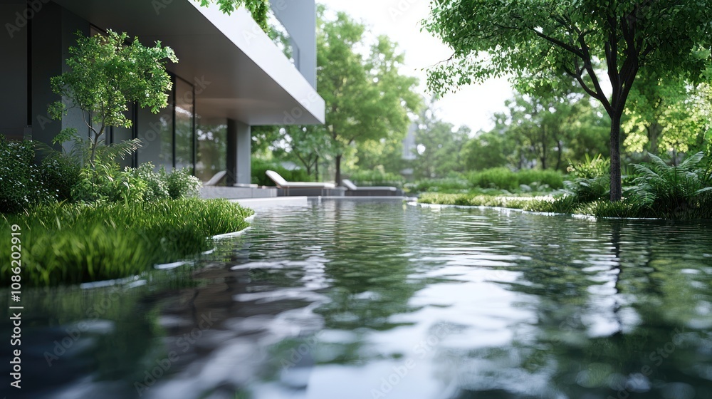 Serene modern landscape with water feature and lush greenery. Serene modern landscape with water feature and lush greenery.