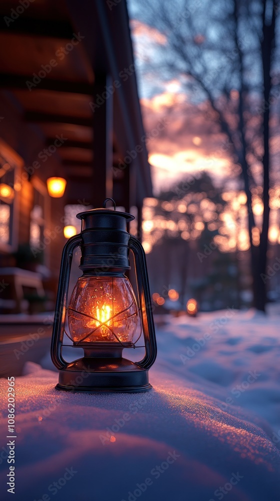A glowing lantern on snow, illuminating a serene winter evening. A glowing lantern on snow, illuminating a serene winter evening.