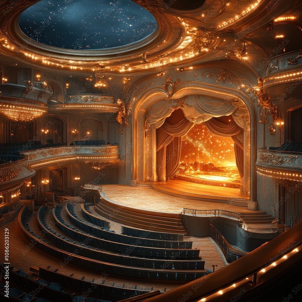 Obraz premium A grand theater interior with ornate design, empty seating, and a lit stage.