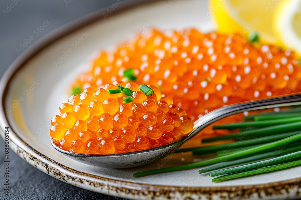 A close-up of vibrant orange fish roe served with chives and lemon on a plate. A close-up of vibrant orange fish roe served with chives and lemon on a plate.