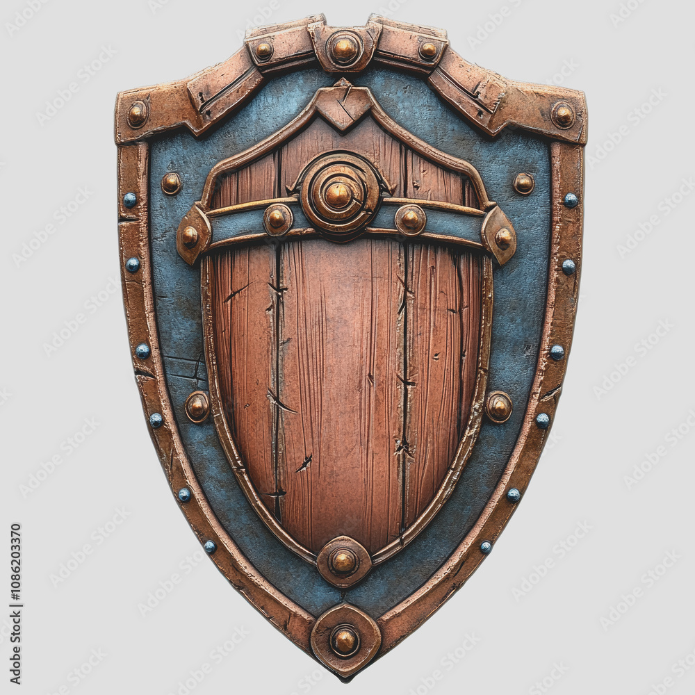 Detailed of a Medieval Shield Isolated on a White Background, Featuring Wood and Metal Design Elements with Rivets and Texture Detailed of a Medieval Shield Isolated on a White Background, Featuring Wood and Metal Design Elements with Rivets and Texture