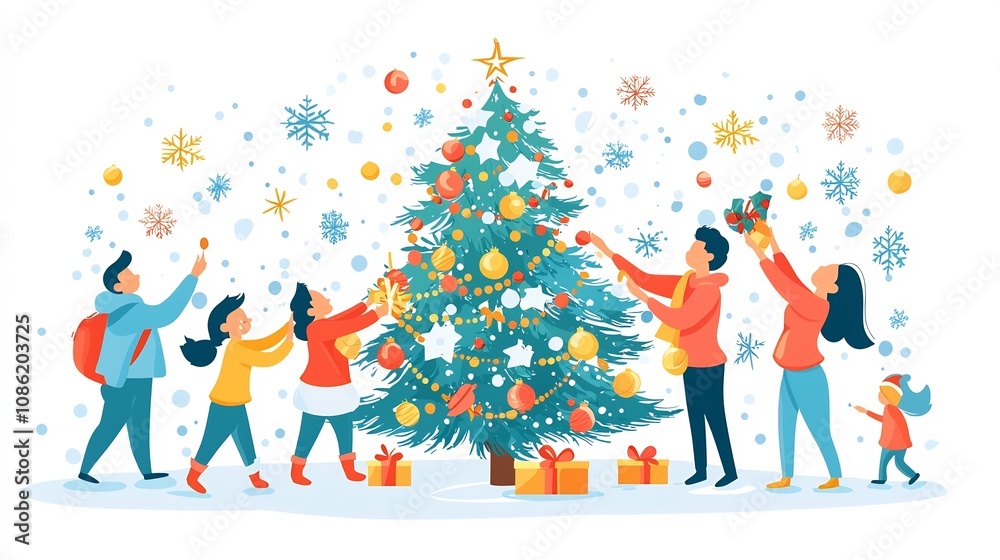 Family Decorating Christmas Tree in Festive Atmosphere with Cheer and Joy Family Decorating Christmas Tree in Festive Atmosphere with Cheer and Joy