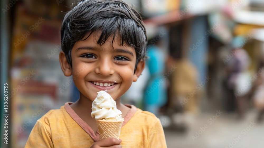 Happy boy eating ice cream cone. Happy boy eating ice cream cone.