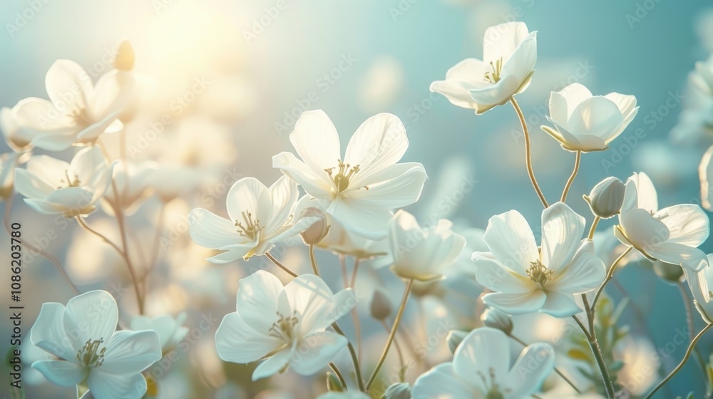 Delicate White Flowers Blooming in Soft Sunlight Delicate White Flowers Blooming in Soft Sunlight