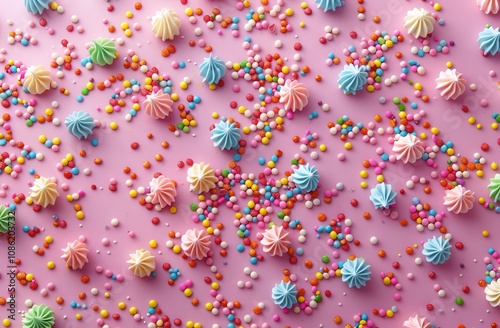 Colorful Meringues and Candies on Pink Background