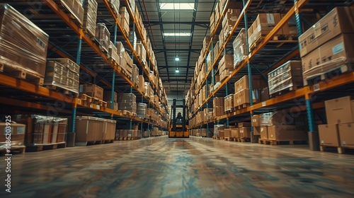 Warehouse Interior Showing Rows Of Pallets And Forklift