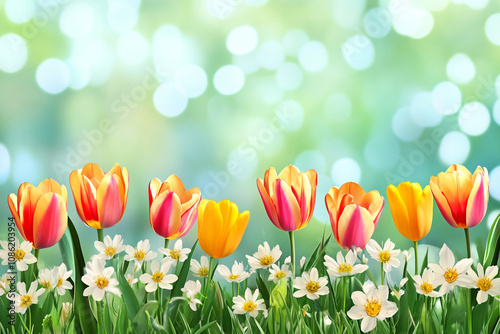 Colorful Tulips and Daisies in a Spring Garden