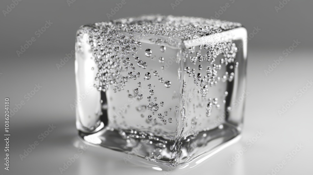 A single clear ice cube with air bubbles trapped inside, on a white background.