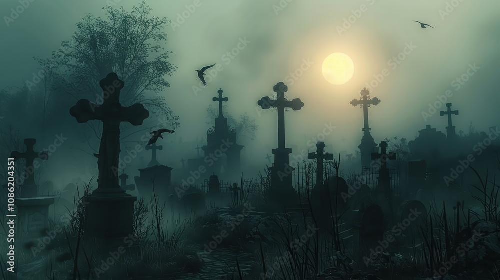 A Foggy Graveyard Underneath A Pale Moon