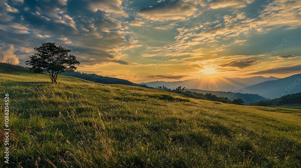 Sunset Landscape with Single Tree