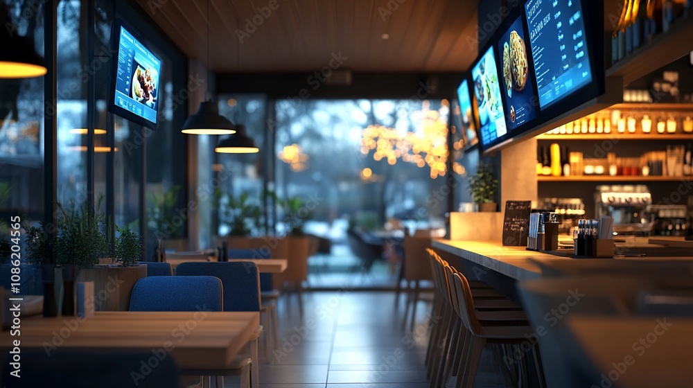 Modern cafe interior at night with digital menu boards. Modern cafe interior at night with digital menu boards.