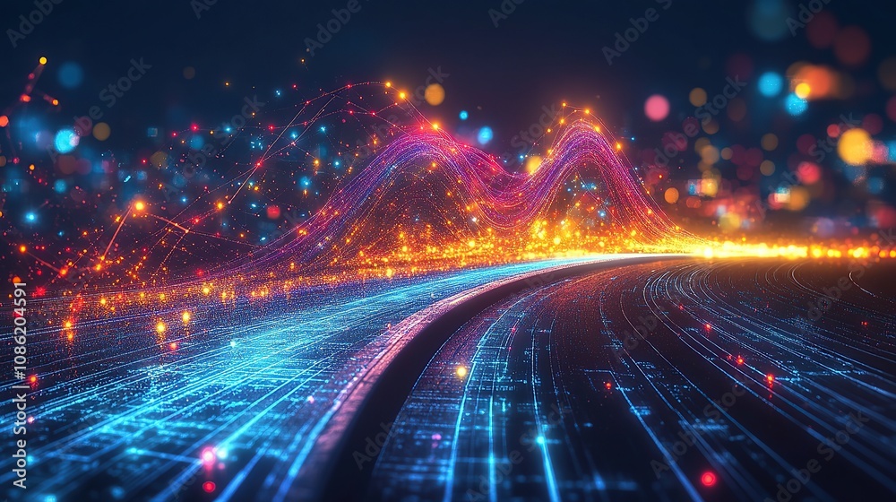 Abstract digital landscape with vibrant waves and glowing particles. Abstract digital landscape with vibrant waves and glowing particles.
