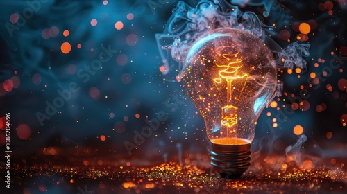 Glowing Lightbulb With Smoke And Sparkling Particles