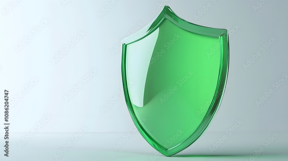 A 3D protection concept with a shield on a white background. Green shield icon A 3D protection concept with a shield on a white background. Green shield icon
