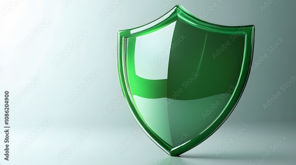 A 3D protection concept with a shield on a white background. Green shield icon A 3D protection concept with a shield on a white background. Green shield icon
