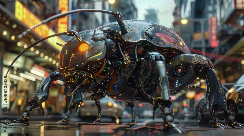 Fototapeta premium Robotic beetle on a city street, AI generated image